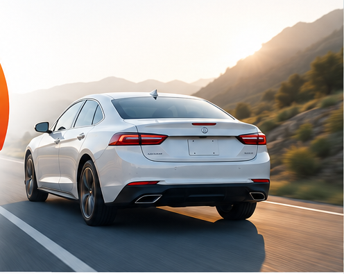 A silver sedan driving on a scenic road